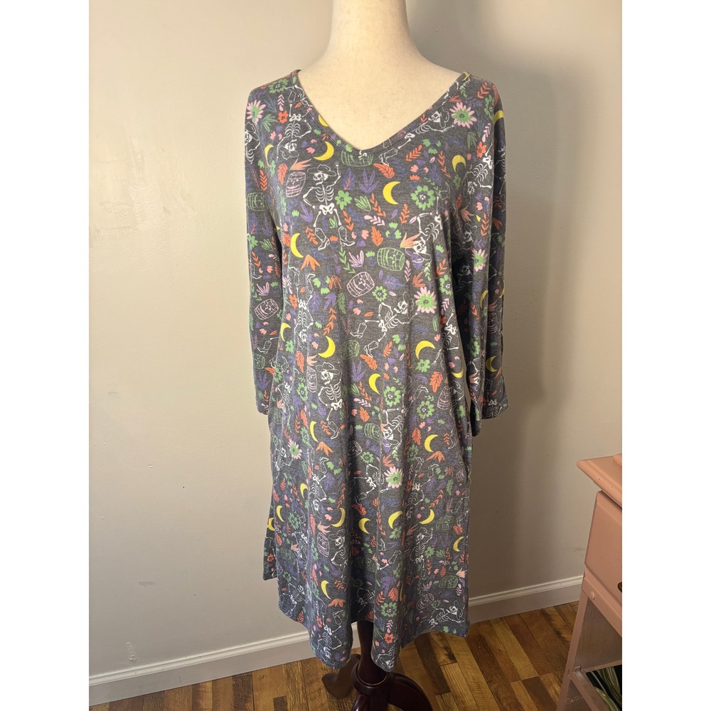 L&B Halloween Skeleton Moon Floral Swing Dress Goth Witchy Tunic M Spooky Soft